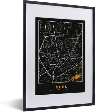 Fotolijst incl. Poster - Geel - Stadskaart - Kaart - Goud - Plattegrond - 30x40 cm - Posterlijst