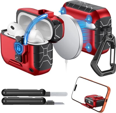 AirPods Pro 3 Hoes met MagSafe, Veiligheidsvergrendeling en Telefoonstand, Volledige Bescherming met Schoonmaakset, Rood
