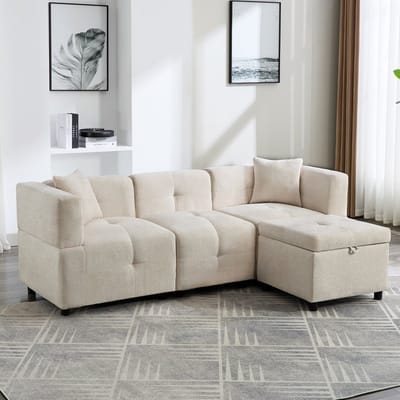 Wishdor - Modulaire Hoekbank - Met Opbergruimte En Afneembare Hocker - Chenille - Beige - 204 X 126 X 69 Cm