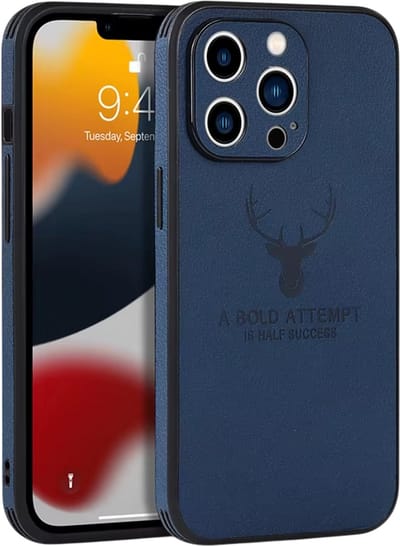 Luxe Lederen Telefoonhoes met Bumper – Geschikt voor iPhone 17 – Schokbestendige Beschermhoes met Zachte Backcover, Business Case met Hertenhoofd Design - Blauw