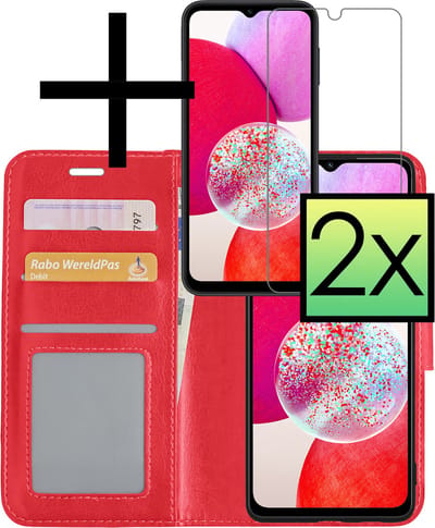 Hoesje - Met 2x Screenprotector - Geschikt voor Samsung Galaxy A14 - Luxe Pasjeshouder - Bookcase Portemonee - Flip Case - Kunstleer Book Case - Flipcase Hoes - Book Cover - Walletcase - Portemonneehoes - Rood