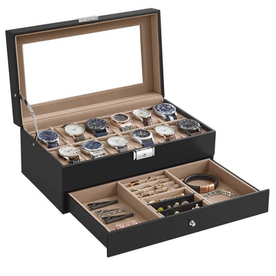 SONGMICS - Horloge Doos - Met Glazen Deksel - 2 Lagen - Voor 12 Horloges - Afsluitbaar - 1 Lade