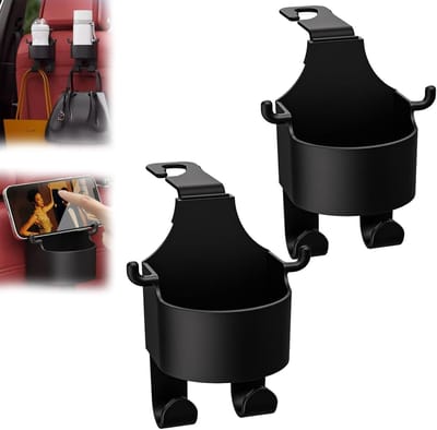 Haken - Auto-opbergruimte - Haakstoel - Bekerhouder - 2-pack - Haken voor autostoelrugleuning - Bekerhouder + haakcombinatie achterbank - Zwart