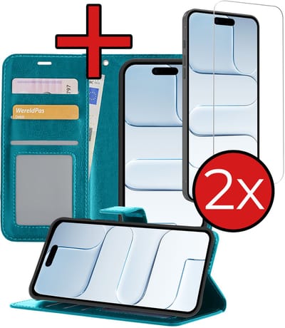 Hoesje - Met 2x Screenprotector - Geschikt voor Apple iPhone Air - Luxe Pasjeshouder - Flip Case - Bookcase Portemonee - Kunstleer Book Case - Flipcase Hoes - Book Cover - Walletcase - Portemonneehoes - Telefoonhoes - Turquoise