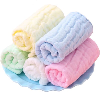 DW4Trading Baby Mousseline Washandjes - Vierkant 30x30 cm - Katoen - Set van 5 - Geel, Wit, Groen, Blauw, Roze