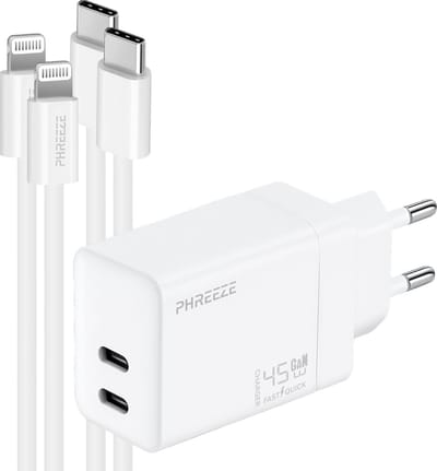 Phreeze usb C charger geschikt voor iPhone 14 13 12 11 X en iPad met Lightning kabel - Power Delivery snellader met 2 kabels