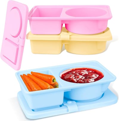 3 stuks kruidenpotjes - Snackpotjes - Snackdoosjes - met deksel - Snackdoosjes met dubbele compartimenten - Siliconen - Herbruikbaar - Saladedressing kruidenpotjes - Ideaal voor op reis, op kantoor, picknick - Blauw, roze, beige
