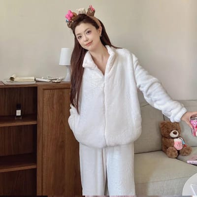 Winter Verdikken Warm Nachtkleding Oversized Flanel Dames Pyjama Set Homewear Losse Casual Koraalfleece Col Capuchon Loungewear XL white