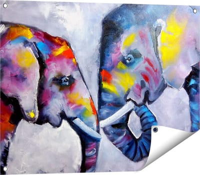 Gards Tuinposter Twee Getekende Olifanten - Abstract - 80x60 cm - Tuindoek - Tuindecoratie - Wanddecoratie buiten - Tuinschilderij