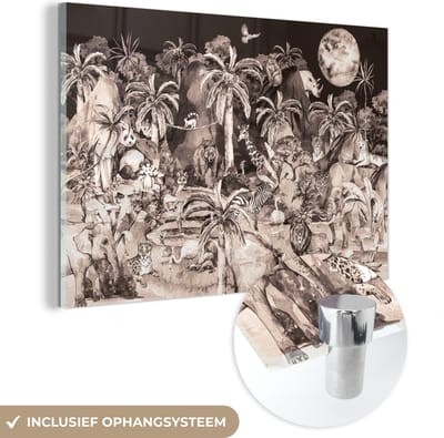 MuchoWow® Glasschilderij 60x40 cm - Schilderij acrylglas - Jungle - Dieren - Kinderen - Bomen - Planten - Foto op glas - Schilderijen