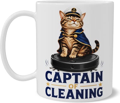 Koffiemok kat in kapiteinsuniform op robotstofzuiger grappige quote Captain Of Cleaning humoristische illustratie huisdier grappig cadeau voor schoonmaakfanaten en dierenvrienden vrolijk accent in de woonkamer