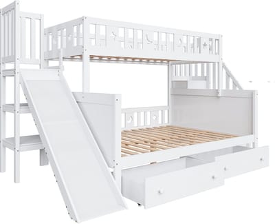 Stapelbed - 90x200/140x200 - Glijbaan+Trap+Stauraum - Ster&Maan Opberg Veilig - Grenen Natuur