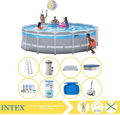 Intex Prism Frame Zwembad - Opzetzwembad - 427x107 cm - Inclusief Onderhoudspakket, Filter, Zwembad Stofzuiger en Voetenbad