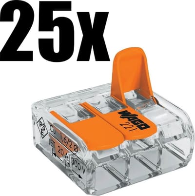 Wago 221-413 Compact-verbindingsklemmen - 3-geleiders - 25 Stuks - Met clips