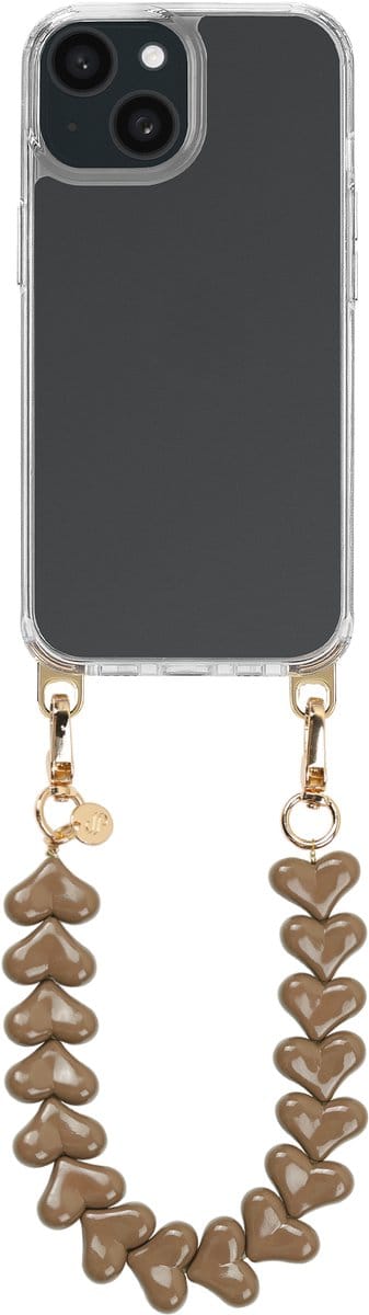 Selencia Transparant Hoesje met Haakjes inclusief Hartjes Polskoord - Geschikt voor Apple iPhone 15 - Mocha Brown
