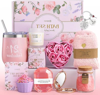 Verzorgingspakket Vrouwen - Cadeauset Bad & Body - Ontspanning Thuis - Handgemaakte Bloemenzepen - 11 Delig - Roze