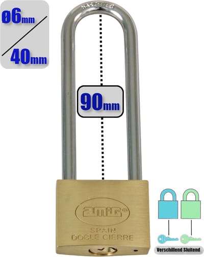 AMIG Hangslot Messing Ø6/40mm Extra Lange Beugel 90mm 2 Sleutels - Dubbel Slot Verschillend Sluitend