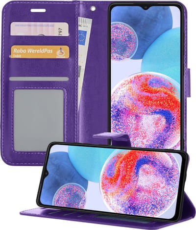 Hoesje - Met Pasjeshouder - Geschikt voor Samsung Galaxy A23 - Luxe Bookcase Portemonee - Flip Case - Kunstleer Book Case - Flipcase - Book Cover - Walletcase - Portemonneehoes - Telefoonhoesjes - Paars