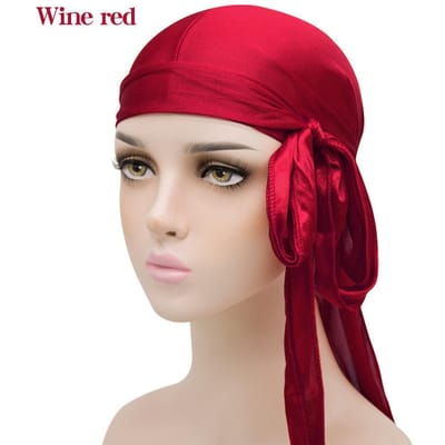 Chapeau de pirate à longue queue en soie synthétique, foulard à tête en soie, turban bordeaux