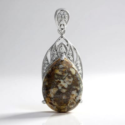 Cavill - 925 Sterling Zilver - Dinosaurus Kwarts 14,34 ct Peervormige Druppel - 21 Zirkonen Pavé - Elegante Handgemaakte Zilveren Hanger