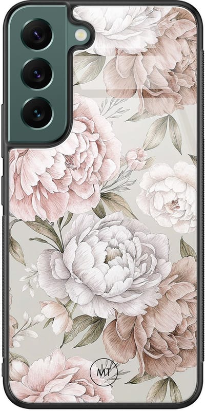 Hoesje geschikt voor Samsung Galaxy S22 - Klassieke bloemen - Hard Case Zwart Back Cover - Bloemen - Beige - Mooie Telefoonhoesjes