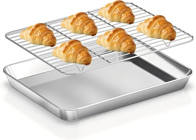Baking Tray met Koelrooster, 40.5 x 30.5 x 2.8 cm, Ideaal voor Bakken, Roosteren en Koelen, Vaatwasmachinebestendig en Duurzaam Roestvrij Staal