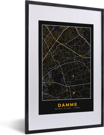 Fotolijst incl. Poster - Plattegrond - Kaart - Damme - Goud - Stadskaart - 40x60 cm - Posterlijst