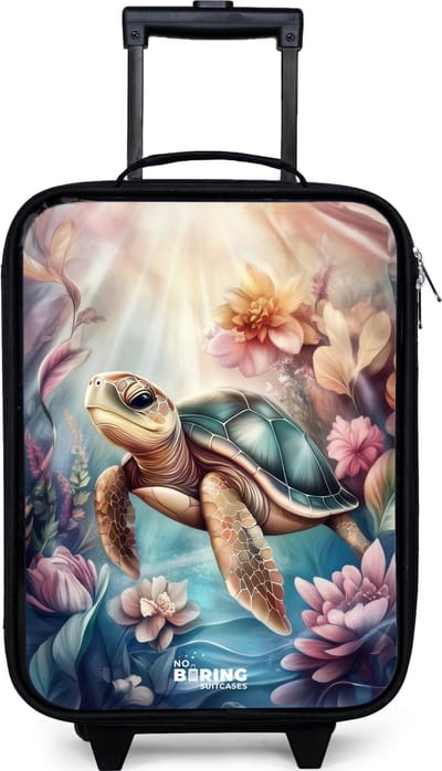 NoBoringSuitcases.com® - Kinderkoffer jongen - Kindertrolley meisje - Zeeschildpad tussen bloemen onder water - Koffer kind lichtgewicht - Reiskoffer trolley voor kinderen - Koffertje met lichtgevende wieltjes - Rolkoffer zwart