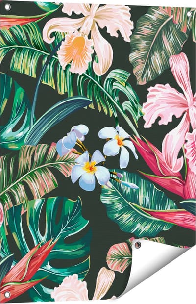 Gards Tuinposter Getekende Tropische Bloemen - Abstract - 60x80 cm - Tuindoek - Tuindecoratie - Wanddecoratie buiten - Tuinschilderij