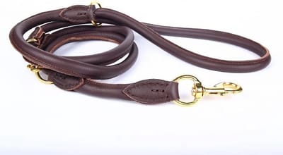 Dog's Companion - Leren Politielijn Hond, 220cm, Messing - Lengte: 220cm (8 mm), Kleur: Bruin - Verstelbaar op 130-170-210 cm
