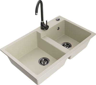 Mexen Tomas granieten spoelbak 2-kamer met keukenmengkraan Telma, beige - 6516-69-670200-70