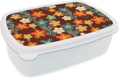 Broodtrommel Wit - Lunchbox Retro - Patronen - Bloemen - Jaren 70 - Brooddoos 18x12x6 cm - Brood lunch box - Broodtrommels voor kinderen en volwassenen