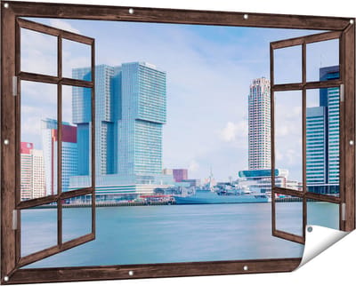 Gards Tuinposter Doorkijk Rotterdamse Skyline aan het Water - 150x100 cm - Tuindoek - Tuindecoratie - Wanddecoratie buiten - Tuinschilderij