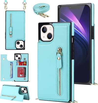 Casemania Hoesje Geschikt voor Apple iPhone 14 - Turquoise - Luxe Back Cover met Koord & Rits - Wallet Case met Pasjeshouder - Lanyard Telefoonhoes - Cord Case
