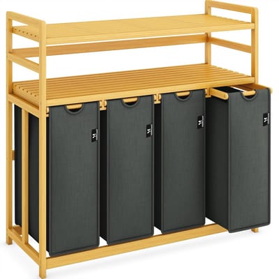 Grote Wasmand met Planken en 4 Compartimenten – 200 Liter – Bamboe Wasorganizer in Grijs