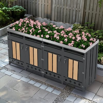 MIVRAY Afvalbakkenkast - Vier Vakken Met Plantbak - Verzonken Staal - Grijs Houtnerf - Buitenopslag Met Ventilatie
