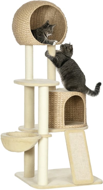 PawHut krabpaal - met kattenhuis - met 4 niveaus - beige