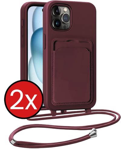 Hoesje Geschikt voor iPhone 14 Pro Hoesje Met Telefoonkoord en Pasjeshouder Siliconen - Hoes Geschikt voor iPhone 14 Pro Hoesje Met Kaarthouder Case - Aubergine - 2 PACK
