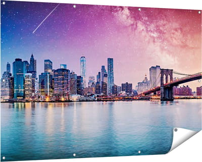 Gards Tuinposter New York Skyline met een Kleurrijke Hemel - 150x100 cm - Tuindoek - Tuindecoratie - Wanddecoratie buiten - Tuinschilderij