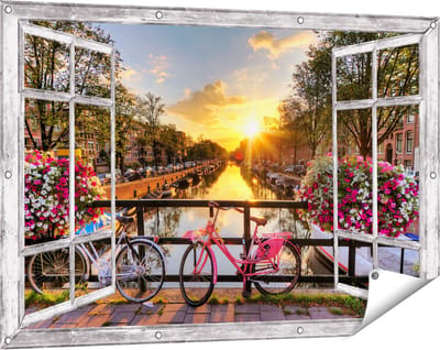 Gards Tuinposter Doorkijk Amsterdamse Brug met Zonsopgang - 120x80 cm - Tuindoek - Tuindecoratie - Wanddecoratie buiten - Tuinschilderij