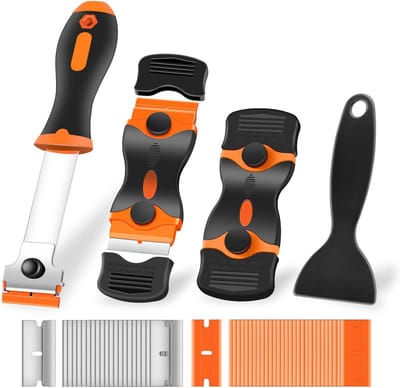 Set van 4 scheermesjes en schrapers, hoogwaardig reinigingsgereedschap met 50 metalen en plastic scheermesjes, multifunctionele glasschraper voor ramen, stickers, emblemen, kookplaten en verfverwijdering (oranje)