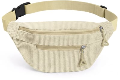 YONO Heuptas Dames - Crossbody Tas - Buiktas van Ribstof - Verstelbare Schoudertas met 2 Ritsvakken - Festival Tasje - Fanny Pack - Beige