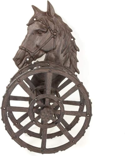 Tuinslanghouder Paard - Slangrek Wanddecoratie - Tuin Organiseren - Gietijzer Design - 49 cm Hoog - Antiek Bruin