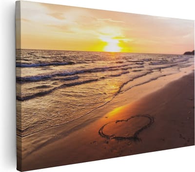 Artaza Canvas Schilderij Zonsondergang Strand - 30x20 cm - Klein - Wanddecoratie Zee - Muurdecoratie Hart - Schilderijen Op Canvas