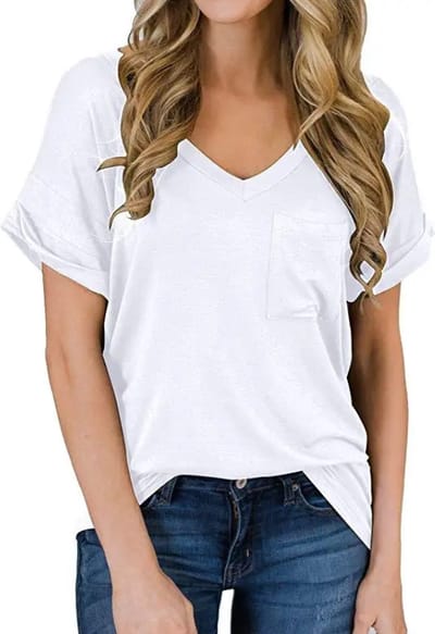 ASTRADAVI Casual Wear - Dames V-Hals T-Shirts met Borstzakje - Trendy Opgerolde Mouwen - Wit/Small