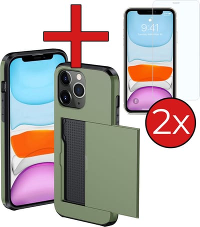 Hoesje Geschikt voor iPhone 11 Pro Hoesje Met Pasjeshouder Hard Case Met Kaarthouder Met 2x Screenprotector - Hoes Geschikt voor iPhone 11 Pro Hoesje Pashouder Case - Donkergroen