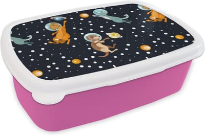 Broodtrommel Roze - Lunchbox - Brooddoos - Planeten - Hond - Patroon - 18x12x6 cm - Kinderen - Meisje