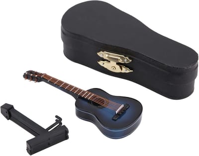 Houten Miniatuur Gitaar Decoratie met Stand, Schattig Speelgoed voor Poppenhuis en Muziekliefhebbers, Perfect als Cadeau voor Verjaardag of Afstuderen (14cm Blauw)