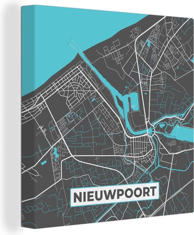 Canvas Schilderij Kaart – Plattegrond – Stadskaart – Nieuwpoort – België - Grijs - 20x20 cm - Wanddecoratie