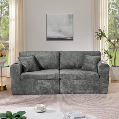 OKWISH 2-Zitsbank - Compact Relaxsofa Met Opbergtas, Bekerhouders En Kussens - Voor Kleine Woonruimtes - Chenille - Grijs
